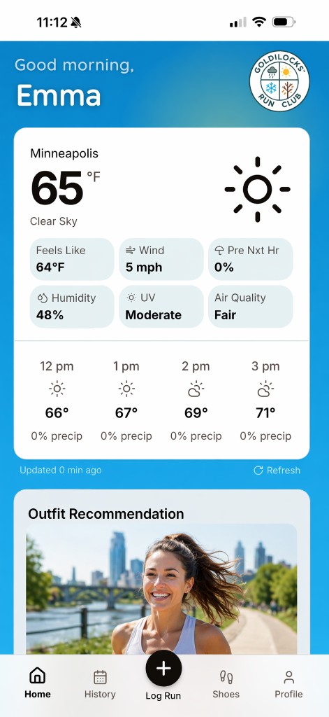 Goldilocks app home screen with personalized greeting
