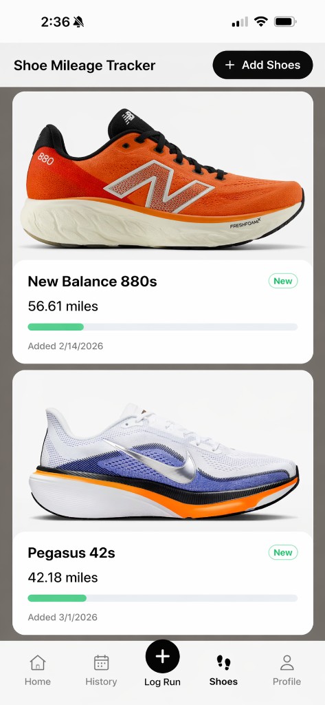 Goldilocks app shoe mileage tracker screen