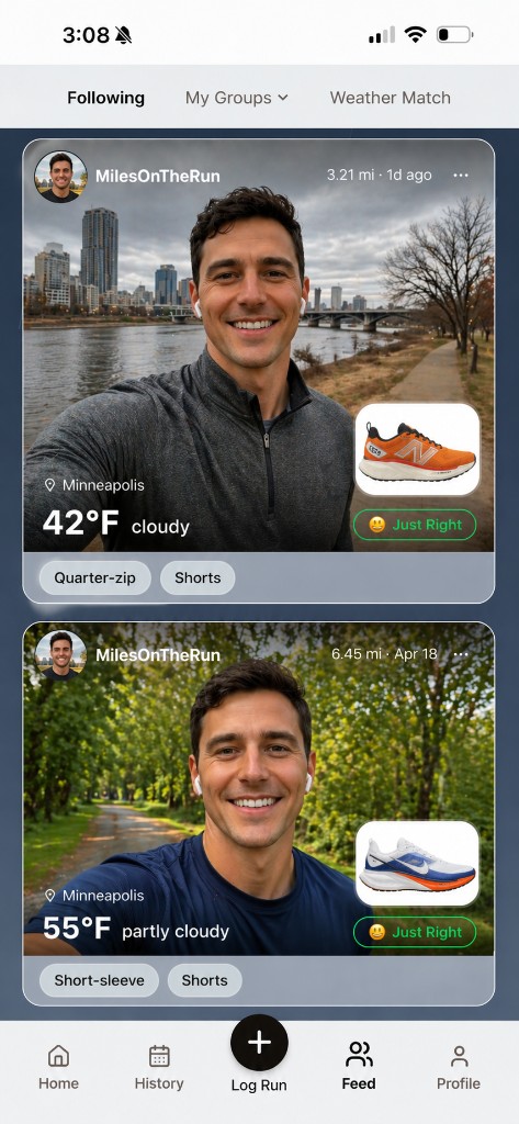 Goldilocks app social feed showing community run posts